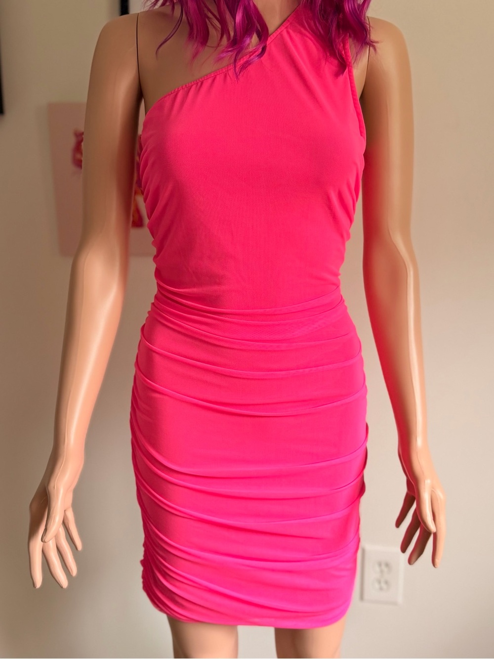One-Shoulder Ruched Mini Dress - Hot Neon Pink Size Medium